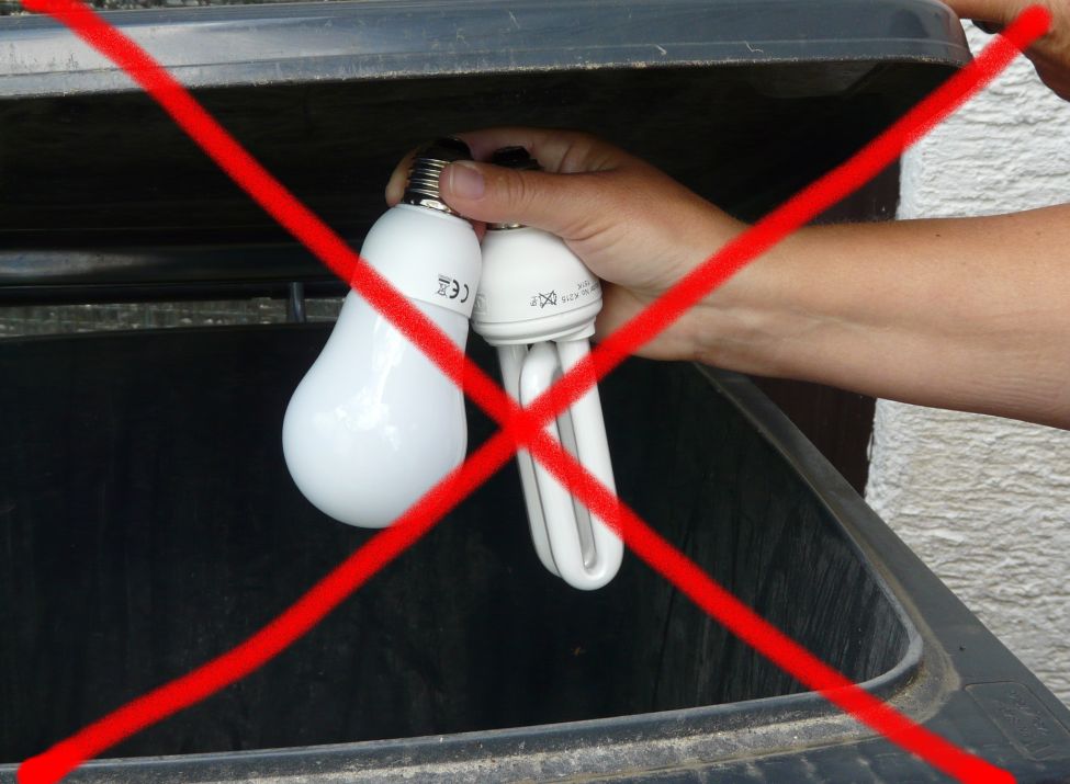 Bild: Leuchtstoffröhren,  Energiesparlampen und LEDs dürfen nicht in die Mülltonne