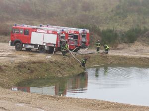 Mit mehreren Fahrzeugen war die Freiwillige Feuerwehr Bad Hönningen angerückt, um einen Tümpel leer zu pumpen. Am Ende des Tages waren über 1,5 Mio. Liter Wasser umgeleitet worden. Jetzt haben einige Amphibienarten wieder die Möglichkeit sich fortzupflanzen und damit die Populationen zu sichern. Foto: Hans-Peter Job