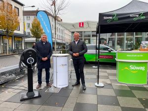 Foto (v.l.): Süwag-Vorstandsmitglied Mike Schuler und Landrat Achim Hallerbach auf dem Elektromobilitätstag in Neuwied.
