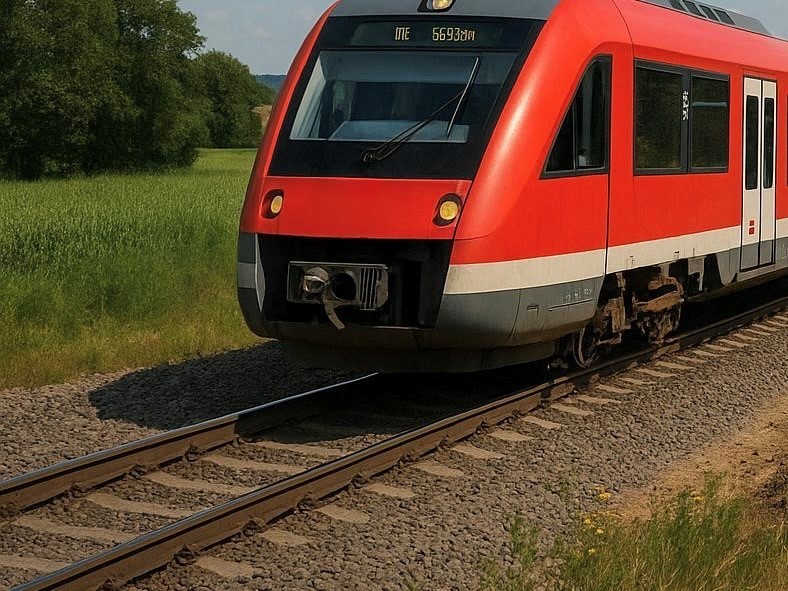 Roter Regionalzug fährt auf einer eingleisigen Bahnstrecke durch eine grüne Landschaft.