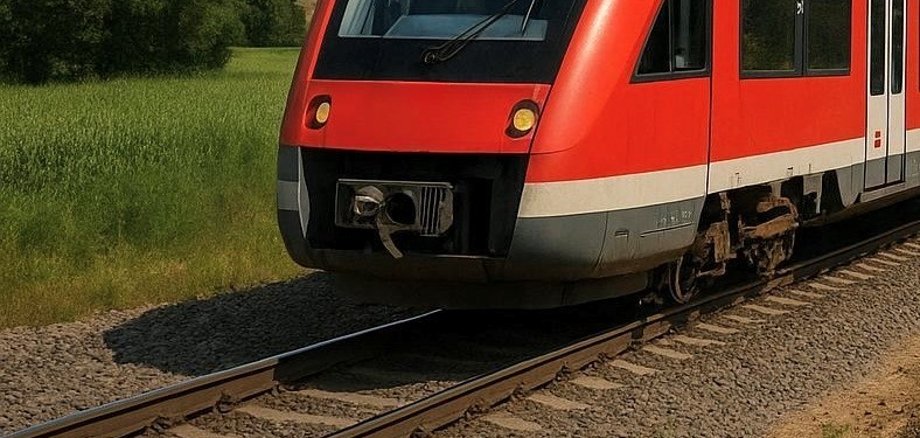 Roter Regionalzug fährt auf einer eingleisigen Bahnstrecke durch eine grüne Landschaft.