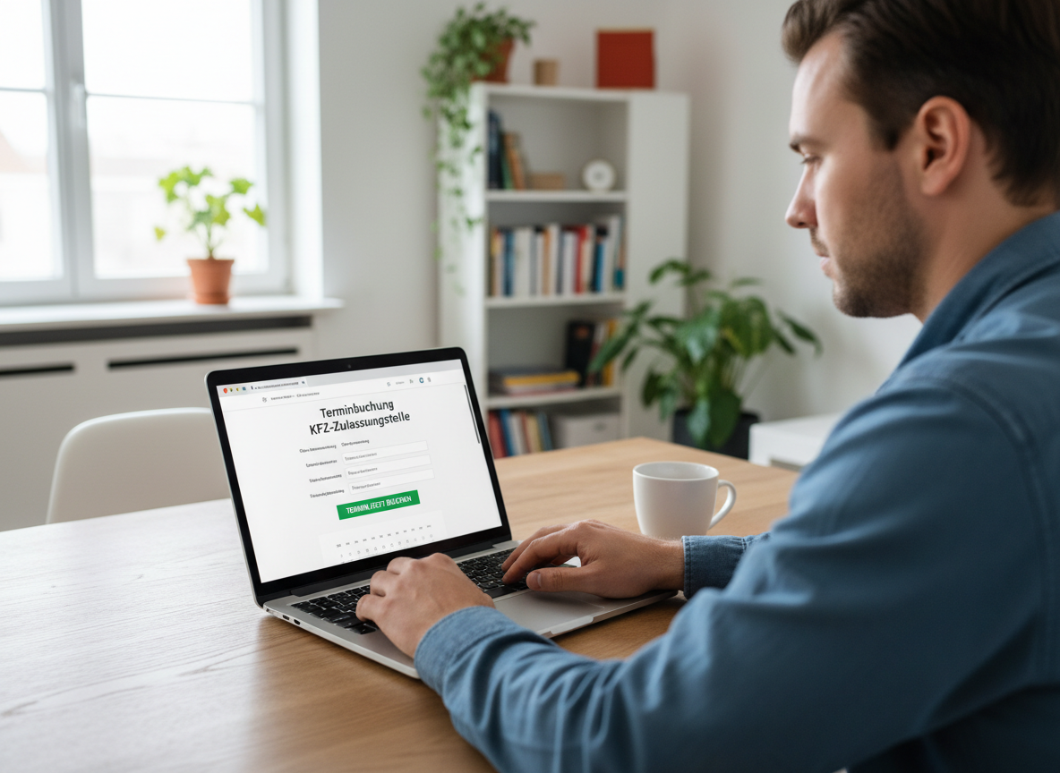 Mann sitzt vor einem offenen Laptop und möchte über das Buchungsportal der Kreisverwaltung Neuwied einen Termin für die KFZ-Zulassungsstelle buchen.