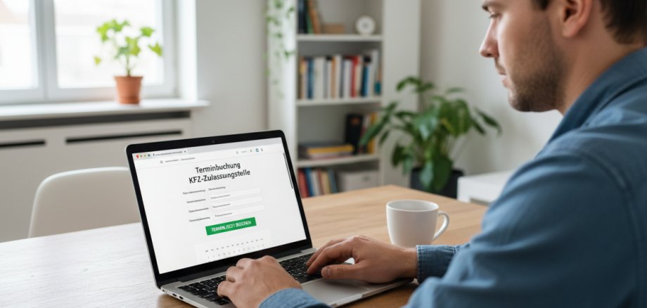 Mann sitzt vor einem offenen Laptop und möchte über das Buchungsportal der Kreisverwaltung Neuwied einen Termin für die KFZ-Zulassungsstelle buchen.