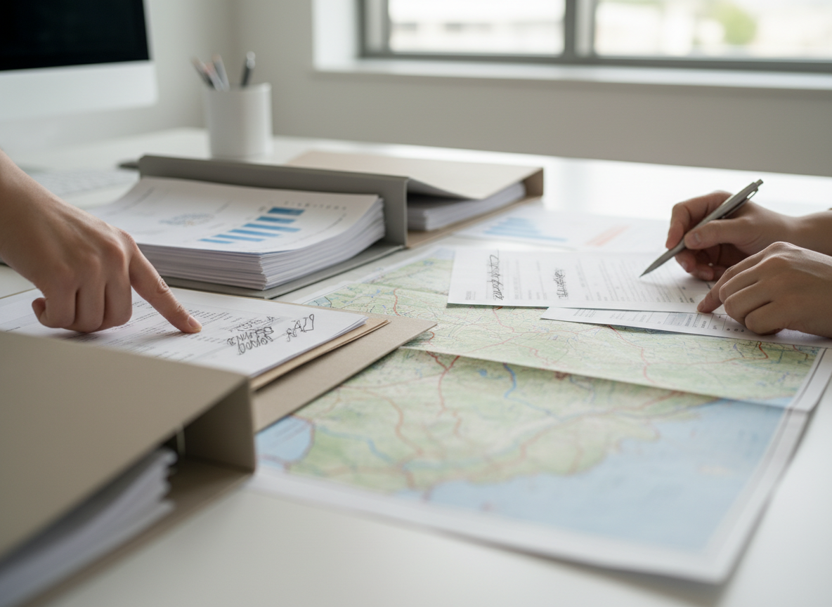 Sachliche Szene mit Förder- und Projektunterlagen auf einem Tisch. Neutrale Aktenmappen, lose Dokumente und Kartenmaterial einer Region liegen ausgebreitet nebeneinander. Ein Zuwendungsbescheid bzw. Förderunterlagen sind erkennbar, jedoch ohne lesbare Schrift oder Logos. Dezenter Fokus auf Zahlen, Planung und Zusammenarbeit. Helle, ruhige Lichtstimmung, moderner Verwaltungs- und Planungskontext. Dokumentarischer Stil, natürliche Farben, keine Inszenierung, keine Personen oder nur Hände im Bild