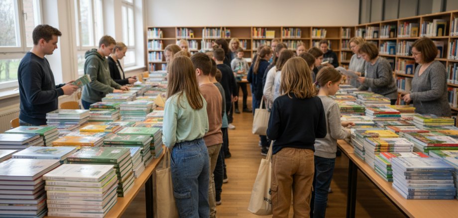Kinder leihen sich Bücher für die Schule über die Schulbuchausleihe der Kreisverwaltung Neuwied aus.