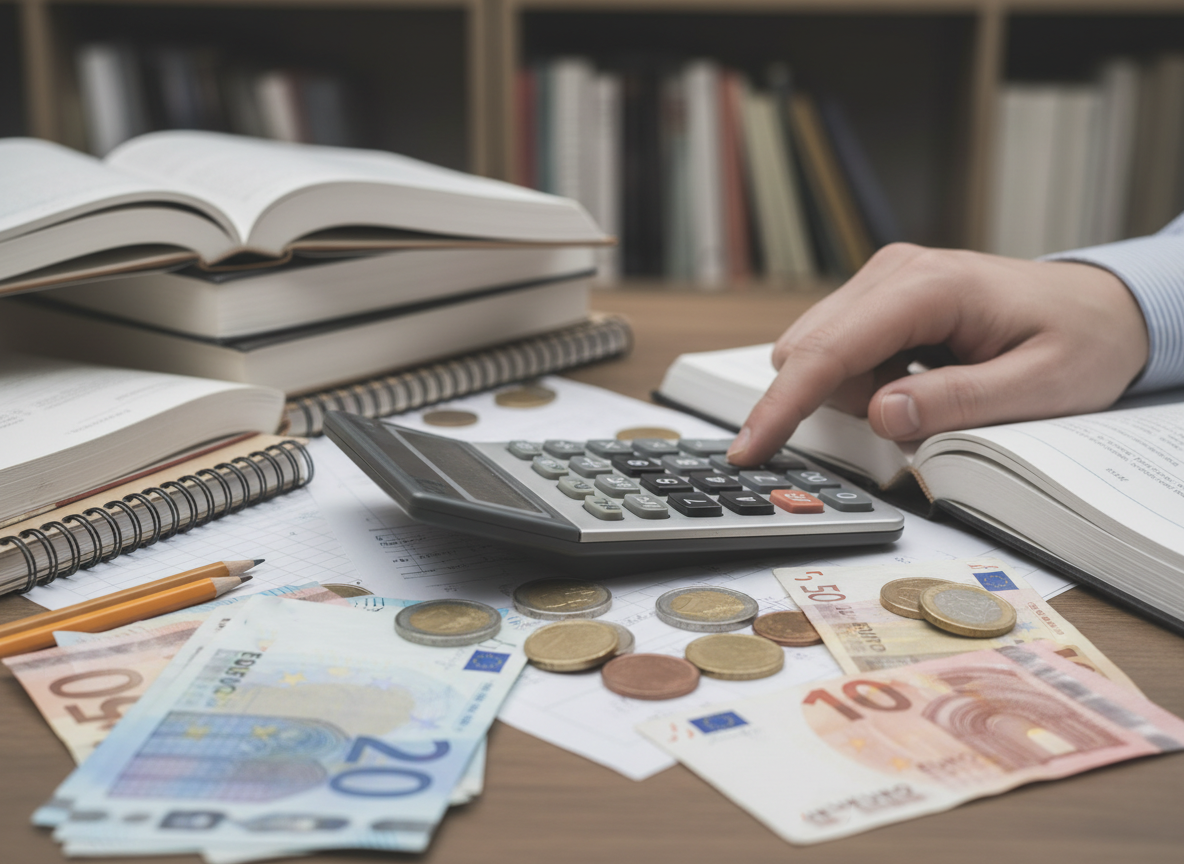 Nahaufnahme einer Hand die etwas in den Taschenrechner eingibt. Auf dem Tisch liegen Euroscheine/Münzen und Schulbücher.