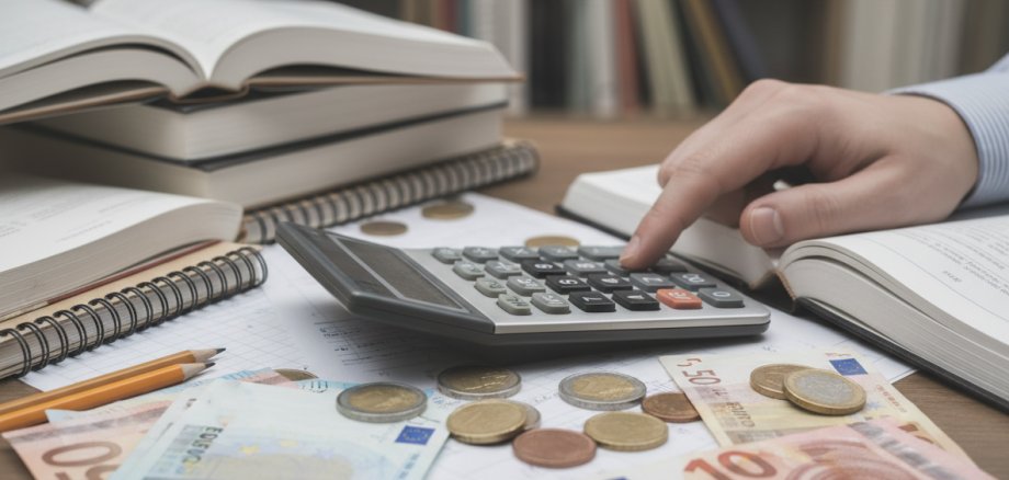 Nahaufnahme einer Hand die etwas in den Taschenrechner eingibt. Auf dem Tisch liegen Euroscheine/Münzen und Schulbücher.