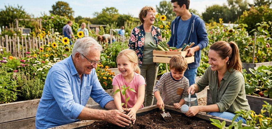 Menschen unterschiedlicher Generationen, bepflanzen gemeinsam Hochbete.