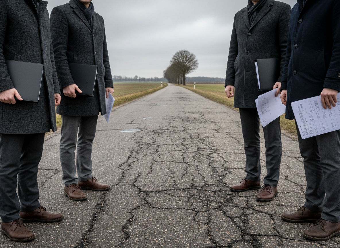 Personen aus der Verwaltung stehen auf einer sanierungsbedürftigen Straße.
