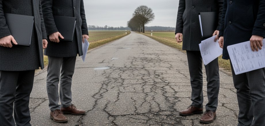 Personen aus der Verwaltung stehen auf einer sanierungsbedürftigen Straße.