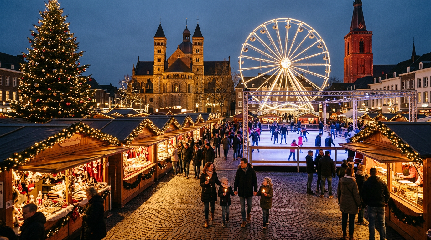 Stimmungsvolles, fotorealistisches Titelbild eines niederländischen Weihnachtsmarktes