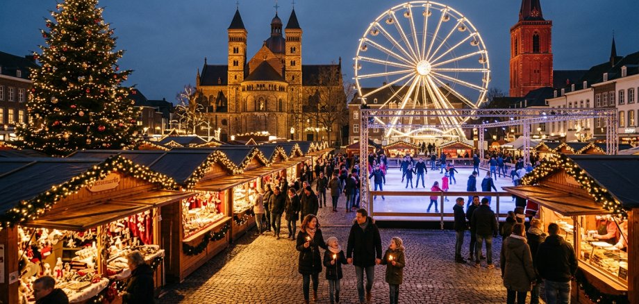 Stimmungsvolles, fotorealistisches Titelbild eines niederländischen Weihnachtsmarktes
