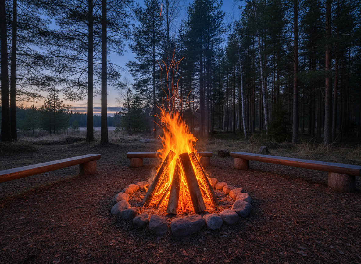 Lagerfeuer im Wald bei Abendstimmung