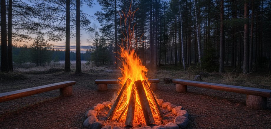 Lagerfeuer im Wald bei Abendstimmung