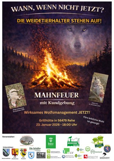 Plakat Mahnfeuer gegen Wölfe für Weidentieren