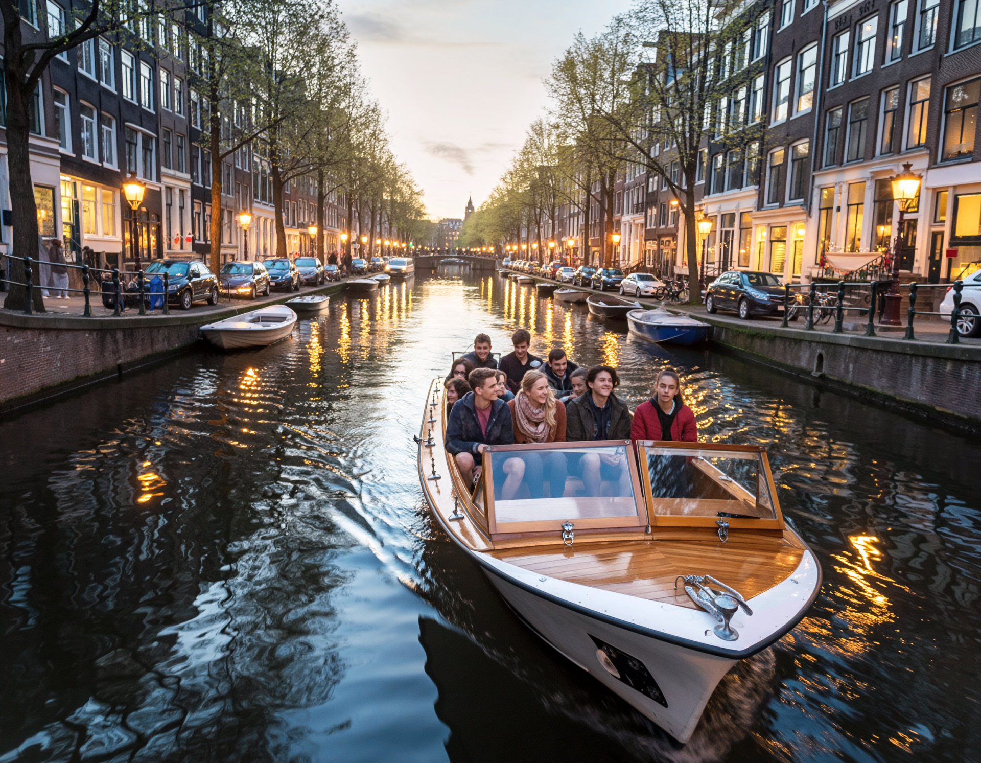 Bildungsfahrt nach Amsterdam. Jugendliche sitzen in einem Boot und fahren durch die Grachten von Amsterdam.