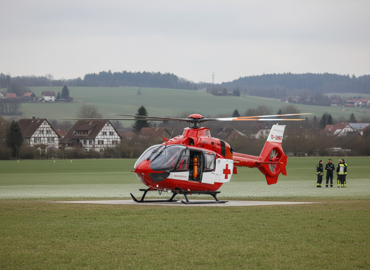 Realistisches Pressefoto eines deutschen Rettungshubschraubers im Einsatz. Moderner Rettungshubschrauber in typischer deutscher Farbgebung (gelb mit roten/orangen Akzenten), medizinische Notfallausstattung sichtbar. Der Hubschrauber steht auf einer Landefläche oder schwebt kurz über dem Boden. Ländliche oder städtische Umgebung in Deutschland, natürliche Lichtstimmung. Sachlich-dokumentarischer Stil, realistische Proportionen, keine dramatischen Effekte.