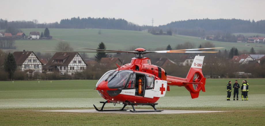 Realistisches Pressefoto eines deutschen Rettungshubschraubers im Einsatz. Moderner Rettungshubschrauber in typischer deutscher Farbgebung (gelb mit roten/orangen Akzenten), medizinische Notfallausstattung sichtbar. Der Hubschrauber steht auf einer Landefläche oder schwebt kurz über dem Boden. Ländliche oder städtische Umgebung in Deutschland, natürliche Lichtstimmung. Sachlich-dokumentarischer Stil, realistische Proportionen, keine dramatischen Effekte.