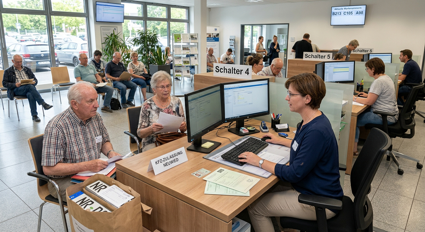 Nachdem die landesweite Umstellung der Bearbeitungs-Software auch bei der Kfz-Zulassungsstelle Neuwied nunmehr abgeschlossen ist, arbeiten die Mitarbeiterinnen und Mitarbeiter mit Hochdruck daran, die Vorgänge auch mit dem neuen Anwendungsprogramm im gewohnten Zeitfenster erledigen zu können.