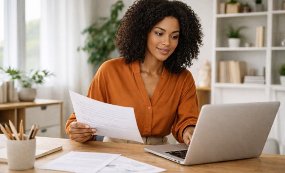 Eine Frau sitzt vor einem Laptop und hält in der anderen Hand ein Papier.