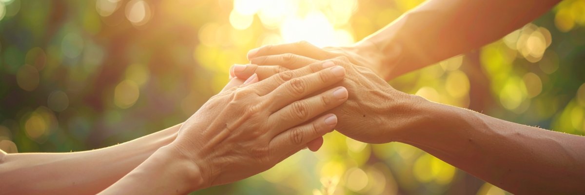 Hände die sich gegenseitig halten. Dies symbolisiert Mitgefühl und Zusammenhalt.