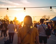 Zu sehen ist eine Veranstaltungssituation. Mit einer Girlande und Menschen die sich ausstauschen.