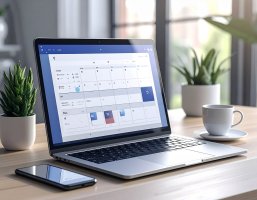 Ein geöffnetes Laptop steht auf einem Tisch.