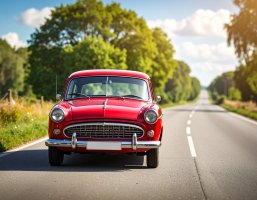 Ein roter Oldtimer fährt auf einer Landstraße.