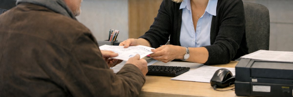 Eine Mitarbeiterin der Kreisverwaltung berät einen Bürger
