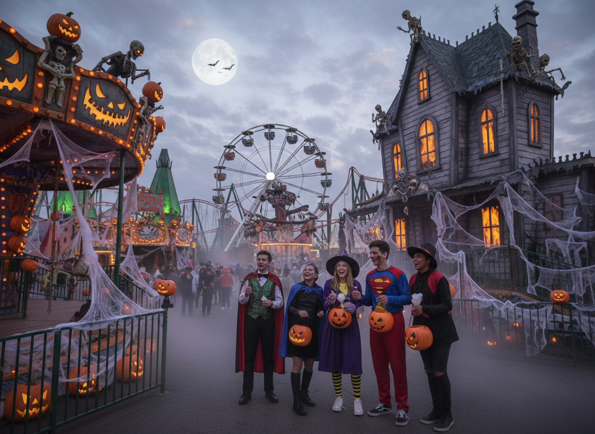 Jugendliche in einem Freizeitpark während der Halloween Zeit