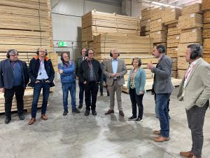 Landrat Achim Hallerbach (3. von links) und Umweltministerin Katrin Eder (4. von links) zeigten sich bei der Besichtigung des Brettsperrholzwerks beeindruckt von dieser weltweit bislang einzigartigen Technik.