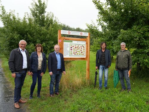 Freuen sich über den neuen Obst- und Insektenlehrpfad in Heimbach-Weis (von links): Landrat Achim Hallerbach als stellvertretender Vorsitzender des Naturparks Rhein-Westerwald, Irmgard Schröer, Geschäftsführerin Naturpark Rhein-Westerwald, Oberbürgermeister Jan Einig, Dr. Reinhard Lahr und Armin Bärz vom Stadtbauamt. Foto: Stadt Neuwied/Schöneberg