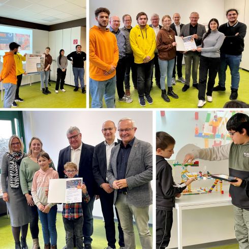 Foto: 34 Schülerinnen und Schüler aus 5 Schulen mit 11 Lehrerinnen und Lehrern verbrachten einen Vormittag mit Challenge und Forscherpreisverleihung im Kreismedienzentrum auf dem Heddesdorfer Berg. Alle Forscherpreisklassen haben ihre Projektarbeiten präsentiert Fotomontage: Martin Boden/Kreisverwaltung Neuwied