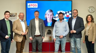 Foto: Firmenbesuch bei der POS Service Group. Von links nach rechts: Geschäftsführer der Wirtschaftsförderungsgesellschaft (WFG) Neuwied, Harald Schmillen, Landrat Achim Hallerbach, POS-Geschäftsführer Alexander Bolz, POS-Geschäftsführerin Gabriella Schnell-Horbach, Einkaufs- und Fuhrparkleiter Stefan Merten, Erster Beigeordnete der Verbandsgemeinde Rengsdorf-Waldbreitbach, Pierre Fischer und Ortsbürgermeisterin Carmen Boden. Foto: Martin Boden / Kreisverwaltung Neuwied.