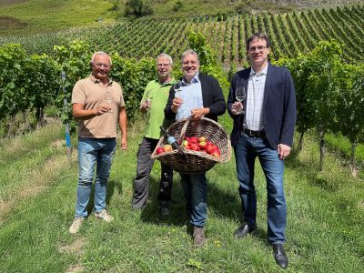 Foto: Den Start der Veranstaltungsreihe „Apfel and friends“ übernimmt die mittlerweile 4. Ausgabe von „Landgenuss und Wein“ am 16. August im Weingut Peter Hohn in Leutesdorf, wo dieses Mal ein sommerliches Barbecue mit landwirtschaftlichen Erzeugerpartnern lockt.  Landrat Achim Hallerbach, Kreis-Wirtschaftsförderer Harald Schmillen und Naturgenuss-Projektleiter Jörg Hohenadl informierten sich schon mal vorab bei Peter Hohn. Foto: Thomas Herschbach