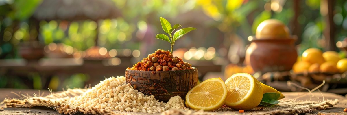 Produkte wie Bananen, Zitronen und Kakao liegen auf einem Holztisch auf einer Plantage.