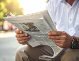 Fokusaufnahme einer männlichen Person die auf einer Bank Zeitung liest. 