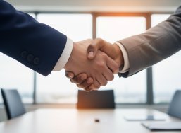 Zwei Personen die sich die Hände schütteln. Der Fokus liegt auf den Händen.