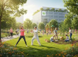 Eine lebendige Parkszene, in der viele Menschen verschiedene Aktivitäten ausüben. Einige praktizieren Yoga, während andere Blumen und Gemüse in Beeten pflanzen. Spazierengehen, Lesen oder Joggen gehören ebenfalls zum Geschehen. Sinnliche Details zu Gerüchen, Geräuschen und Farben sowie sichtbare Bewegungen vermitteln Vielfalt und Harmonie des Parks. Die Atmosphäre wirkt ruhig, einladend und inspirierend.