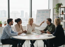 Mehrere Menschen sitzen am Tisch und beraten sich gegenseitig. Austausch über Berufliche Orientierung.