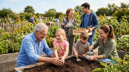 Gemeinschaftlich pflanzen Menschen verschiedener Generationen Blumen an.