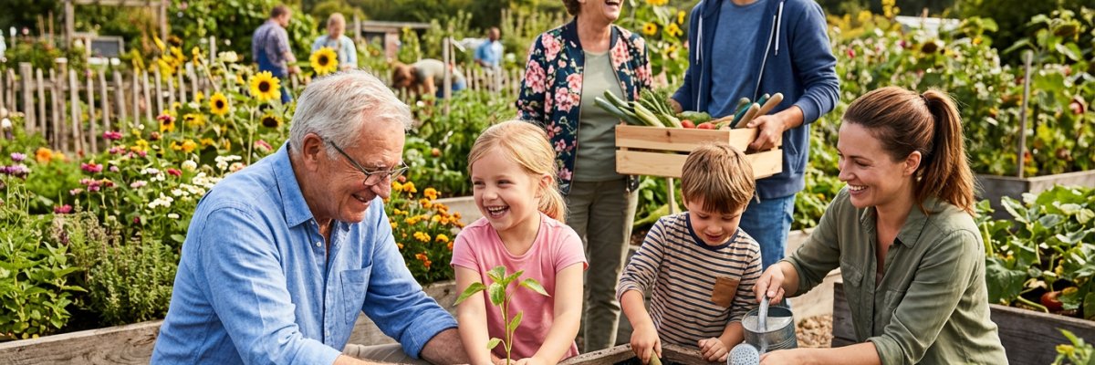Gemeinschaftlich pflanzen Menschen verschiedener Generationen Blumen an.