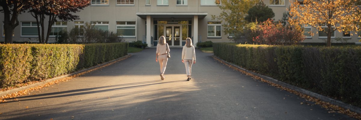 zwei Frauen Personen gehen auf ein Gebäude zu