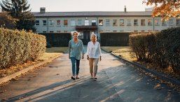 Zwei ältere Damen gehen die Auffahrt eines Gebäudes hinunter.