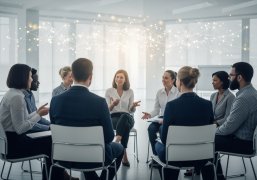 Eine Gruppe von Menschen sitzen im Stuhlkreis