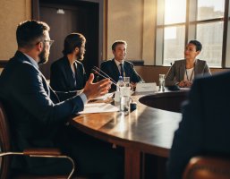 Geschäftsleute sitzen am Tisch einer Konferenz