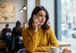 Frau sitzt im Cafe und telefoniert