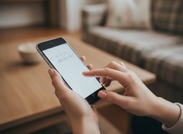 Handy das in der Hand gehalten wird. Die Person tippt eine Nummer ein.