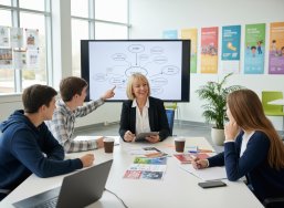 Jugendliche sitzen in einer Gruppe zusammen und erhalten eine Beratung zum Thema Berufe.