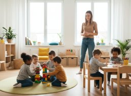  Eine diverse Kindergruppe spielt gemeinsam in einem modernen, lichtdurchfluteten Kita-Raum, im Hintergrund begleitet eine pädagogische Fachkraft aufmerksam die Situation. 